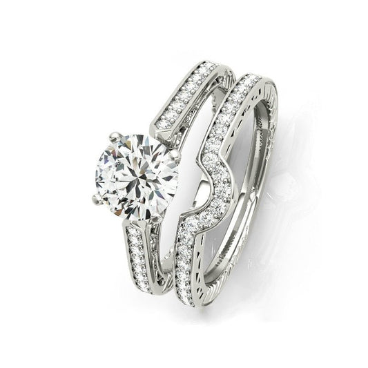 1.0 ct White Gold Round Cut Moissanite Engagement Ring Set - Black Diamonds New York