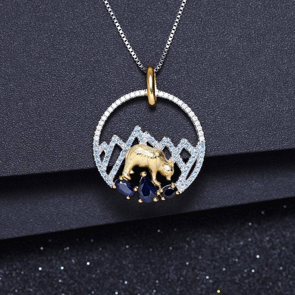 1.02Ct Natural Sapphire Handmade Snow Mountain Polar Bear Pendant Necklace-Black Diamonds New York