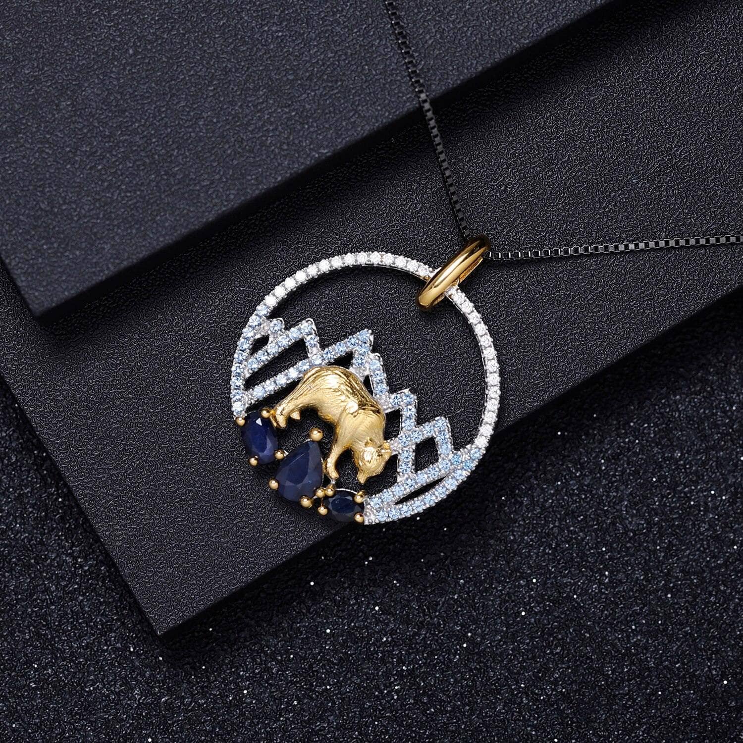 1.02Ct Natural Sapphire Handmade Snow Mountain Polar Bear Pendant Necklace - Black Diamonds New York