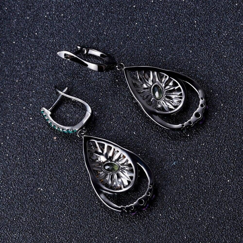 1.03Ct Natural Peridot Sunflower Drop Earrings-Black Diamonds New York