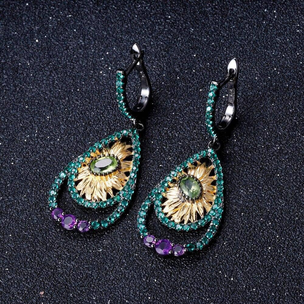 1.03Ct Natural Peridot Sunflower Drop Earrings-Black Diamonds New York