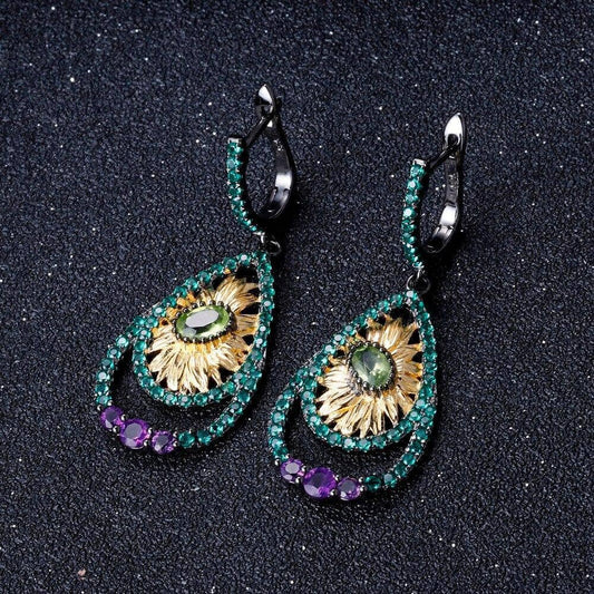 1.03Ct Natural Peridot Sunflower Drop Earrings - Black Diamonds New York