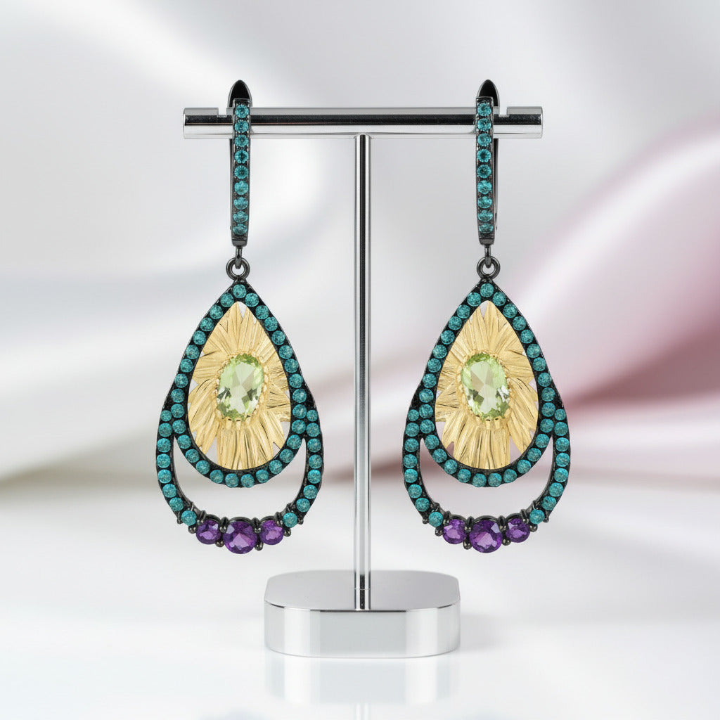 1.03ct Peridot Sunflower Drop Earrings-Black Diamonds New York