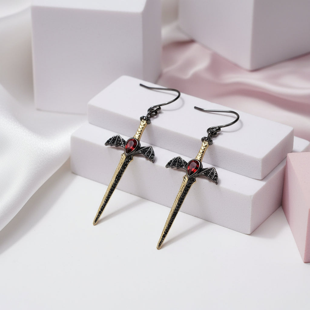 1.05Ct Natural Garnet Bat's Wing Sword Drop Earrings-Black Diamonds New York