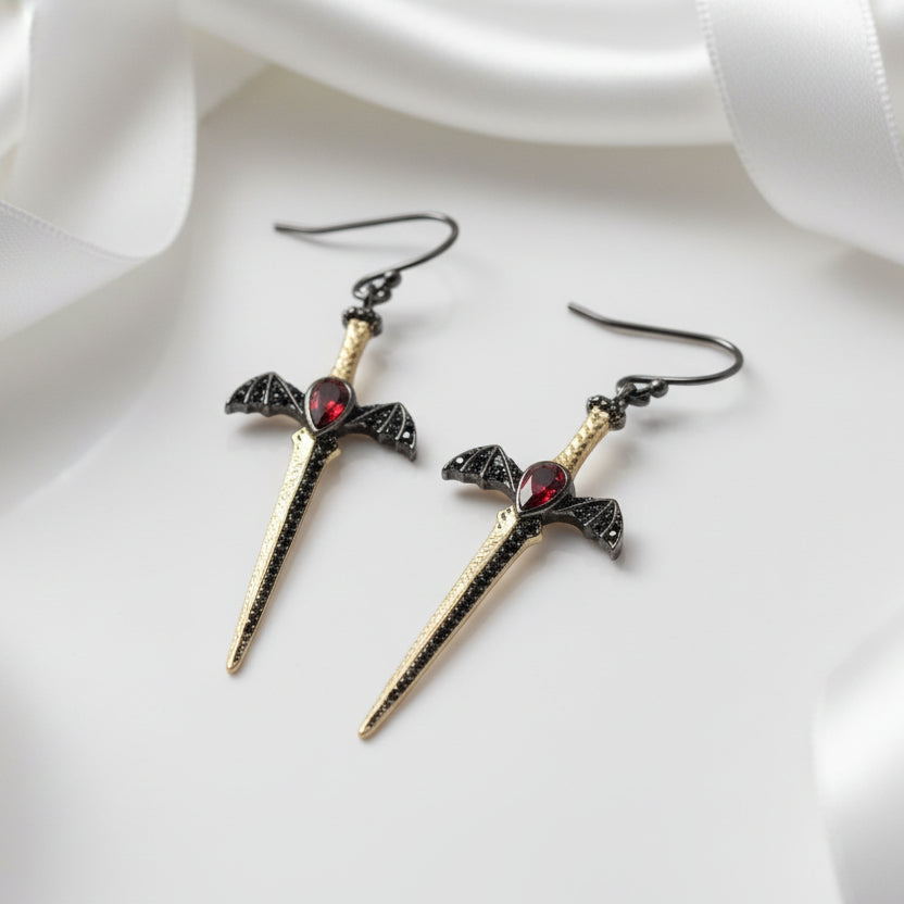 1.05Ct Natural Garnet Bat's Wing Sword Drop Earrings-Black Diamonds New York