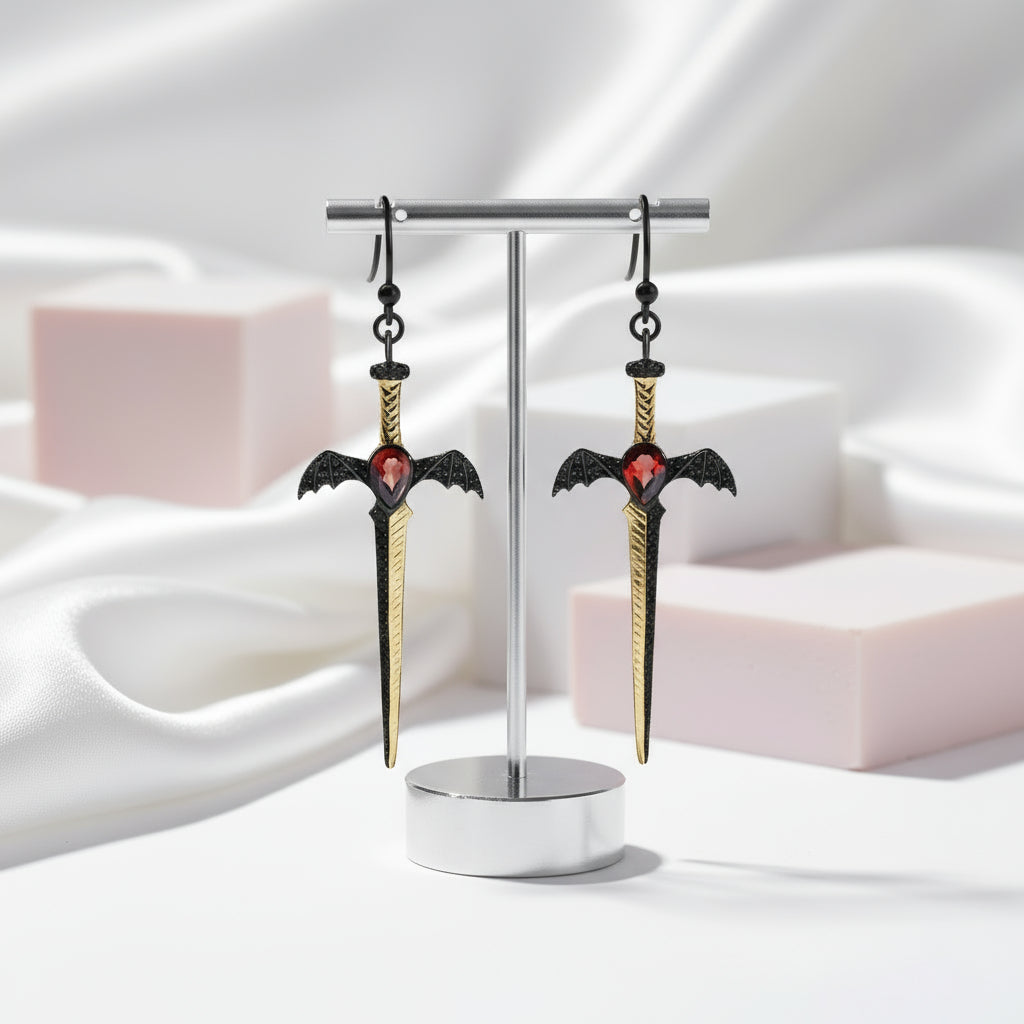 1.05Ct Natural Garnet Bat's Wing Sword Drop Earrings-Black Diamonds New York