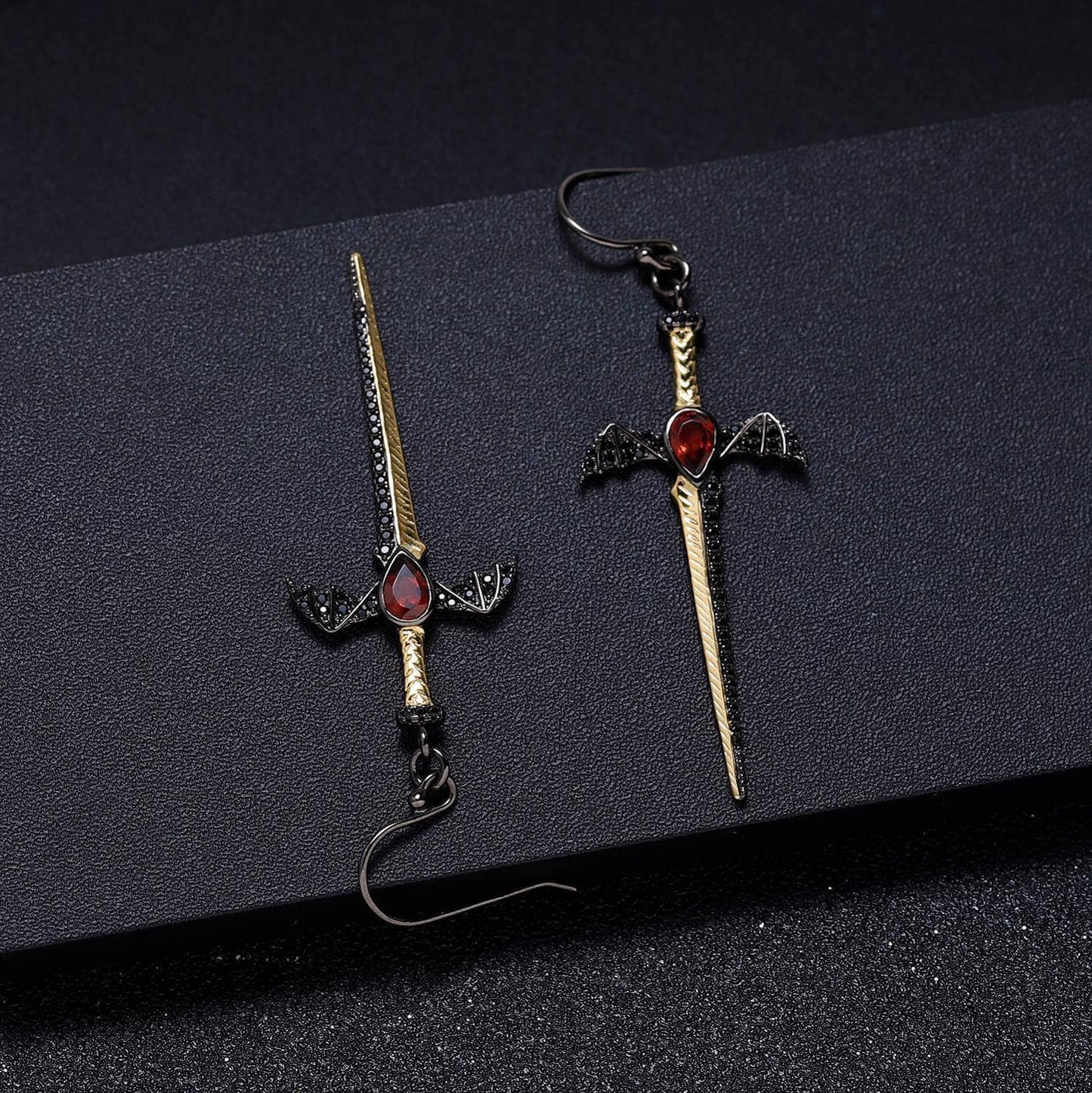 1.05Ct Natural Garnet Bat's Wing Sword Drop Earrings-Black Diamonds New York