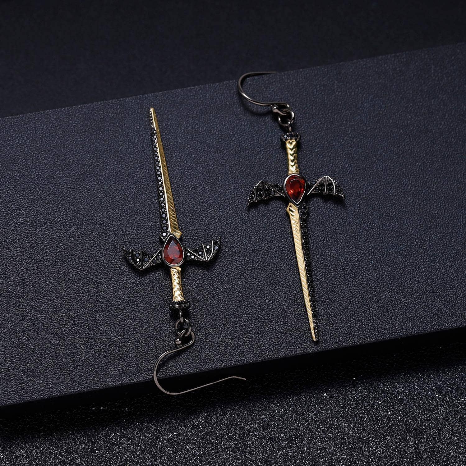 1.05Ct Natural Garnet Bat's Wing Sword Drop Earrings-Black Diamonds New York