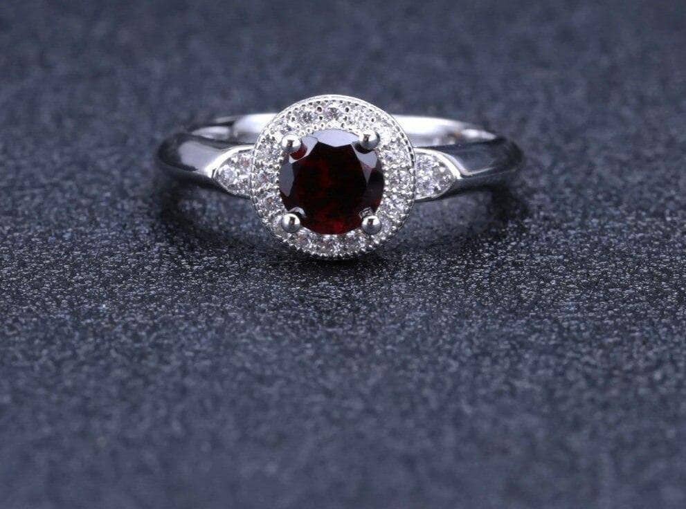 1.05Ct Round Natural Red Garnet Classic Gemstone Ring-Black Diamonds New York