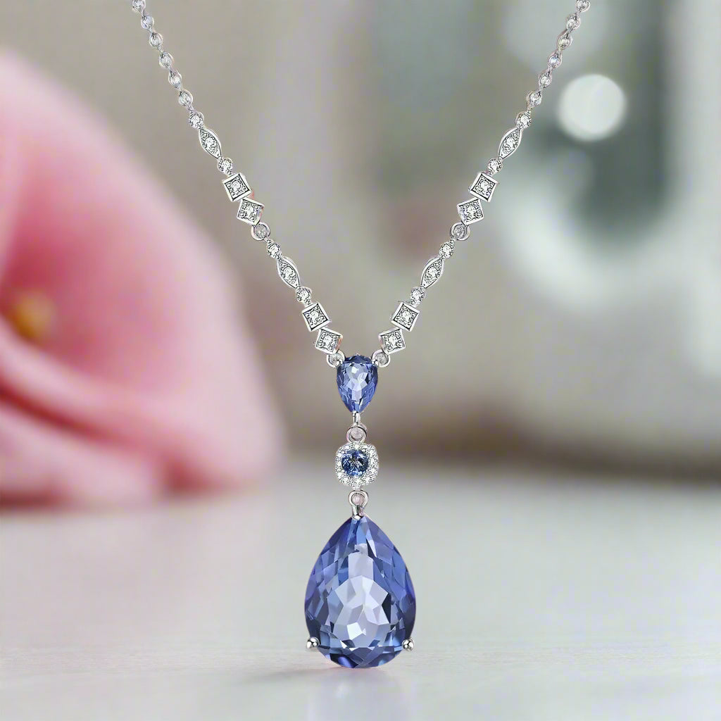 Pear-cut Lolite Blue Mystic Quartz Pendant Necklace-Black Diamonds New York