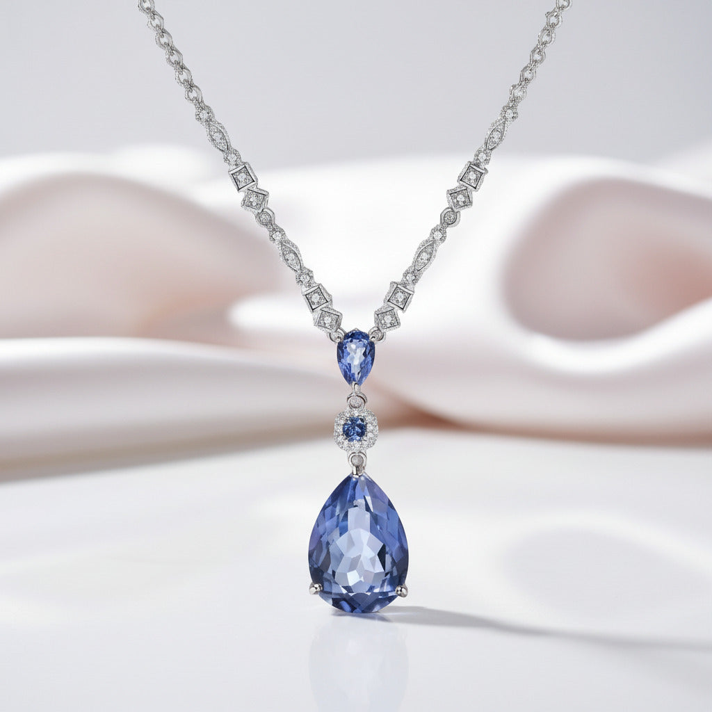 Pear-cut Lolite Blue Mystic Quartz Pendant Necklace-Black Diamonds New York