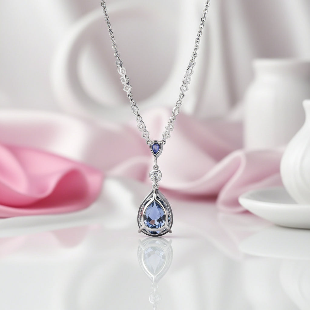 Pear-cut Lolite Blue Mystic Quartz Pendant Necklace-Black Diamonds New York