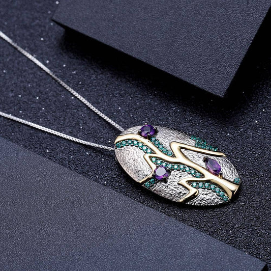1.07Ct Natural Amethyst Handmade Leaf Pendant Necklace - Black Diamonds New York