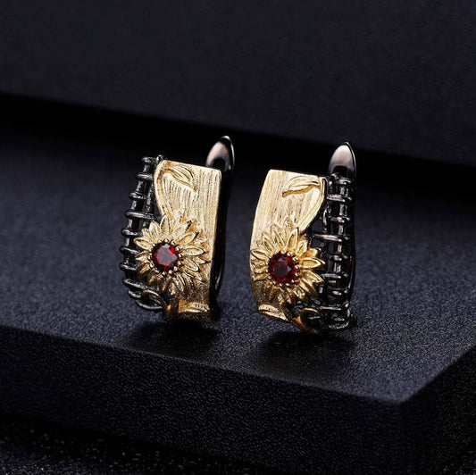 1.07Ct Natural Red Garnet Jewelry Set-Black Diamonds New York