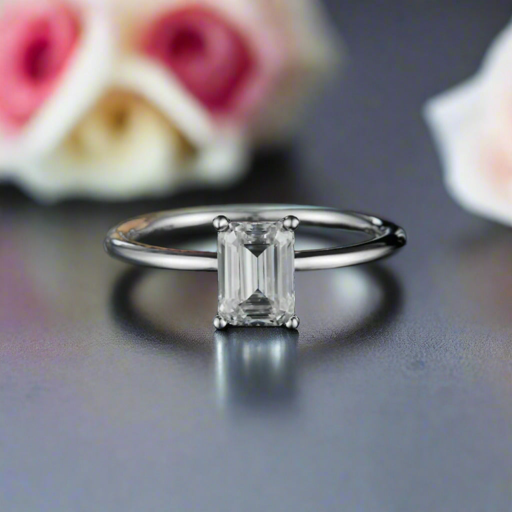 1.0Ct 5*7mm Emerald Cut Diamond Solitaire Engagement Ring-Black Diamonds New York