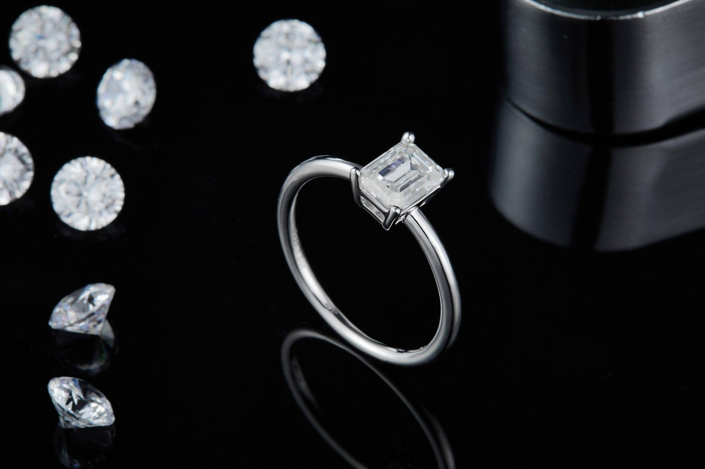 1.0Ct 5*7mm Emerald Cut Moissanite Solitaire Engagement Ring-Black Diamonds New York