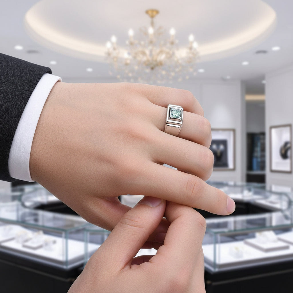 1.0Ct 6.5mm Green Diamond Option Men's Ring-Black Diamonds New York