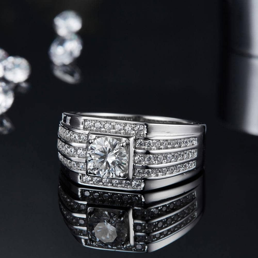 1.0ct 6.5mm Round Brilliant Men's Moissanite Diamond Ring-Black Diamonds New York