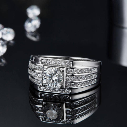 1.0ct 6.5mm Round Brilliant Men's Moissanite Diamond Ring - Black Diamonds New York
