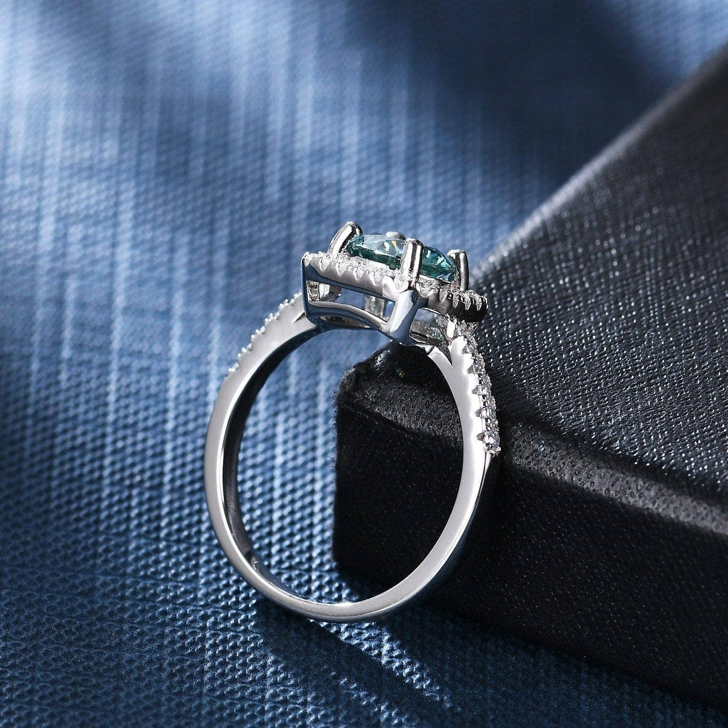 1.0Ct 6.5mm Round Green Moissanite Halo Engagement Ring-Black Diamonds New York