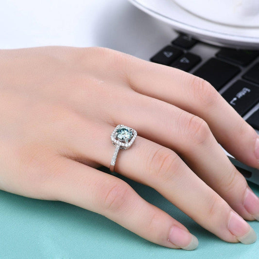 1.0Ct 6.5mm Round Green Color Moissanite Halo Engagement Ring - Black Diamonds New York