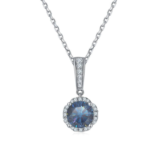 1.0ct 6.5mm VVS1 Brilliant Blue Moissanite Diamond Pendant Necklace-Black Diamonds New York