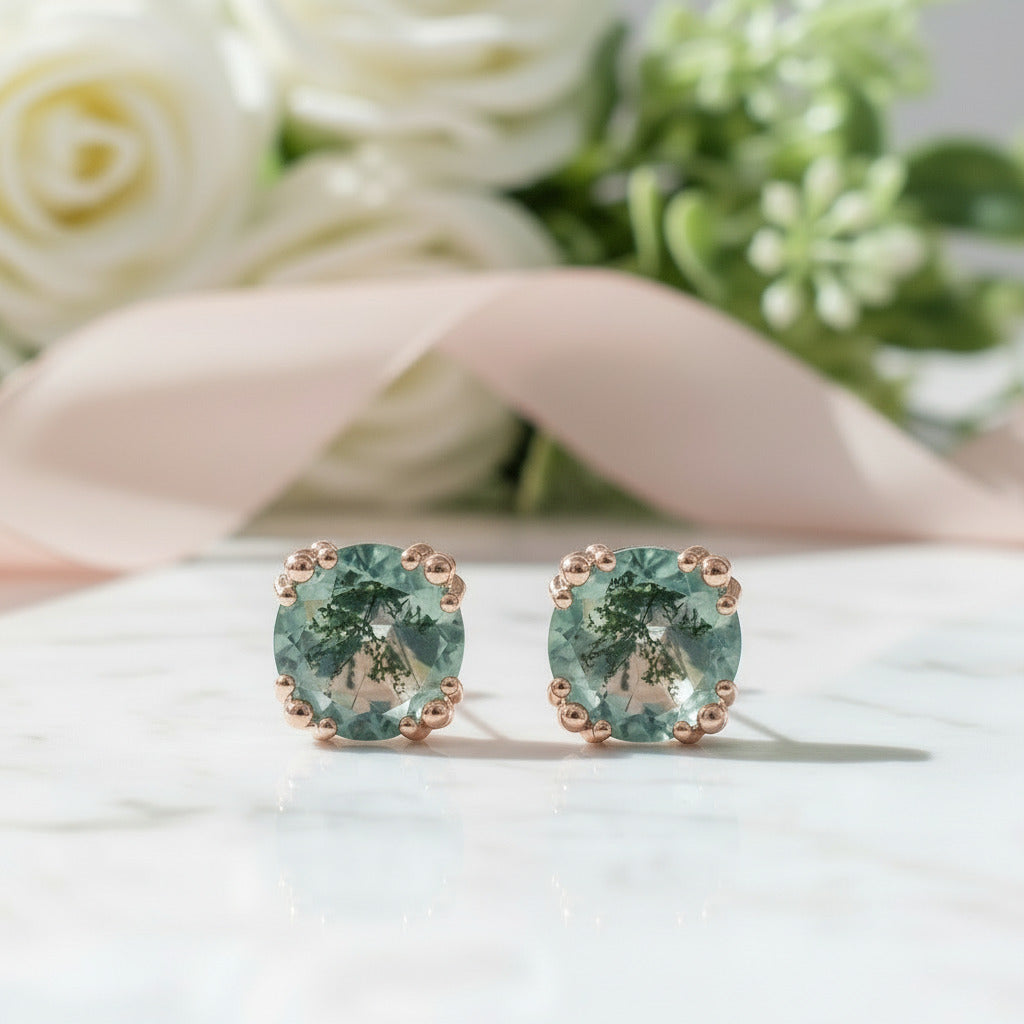 1.0 Ct 6mm Round Cut Moss Agate Claw Prongs Studs Earrings-Black Diamonds New York
