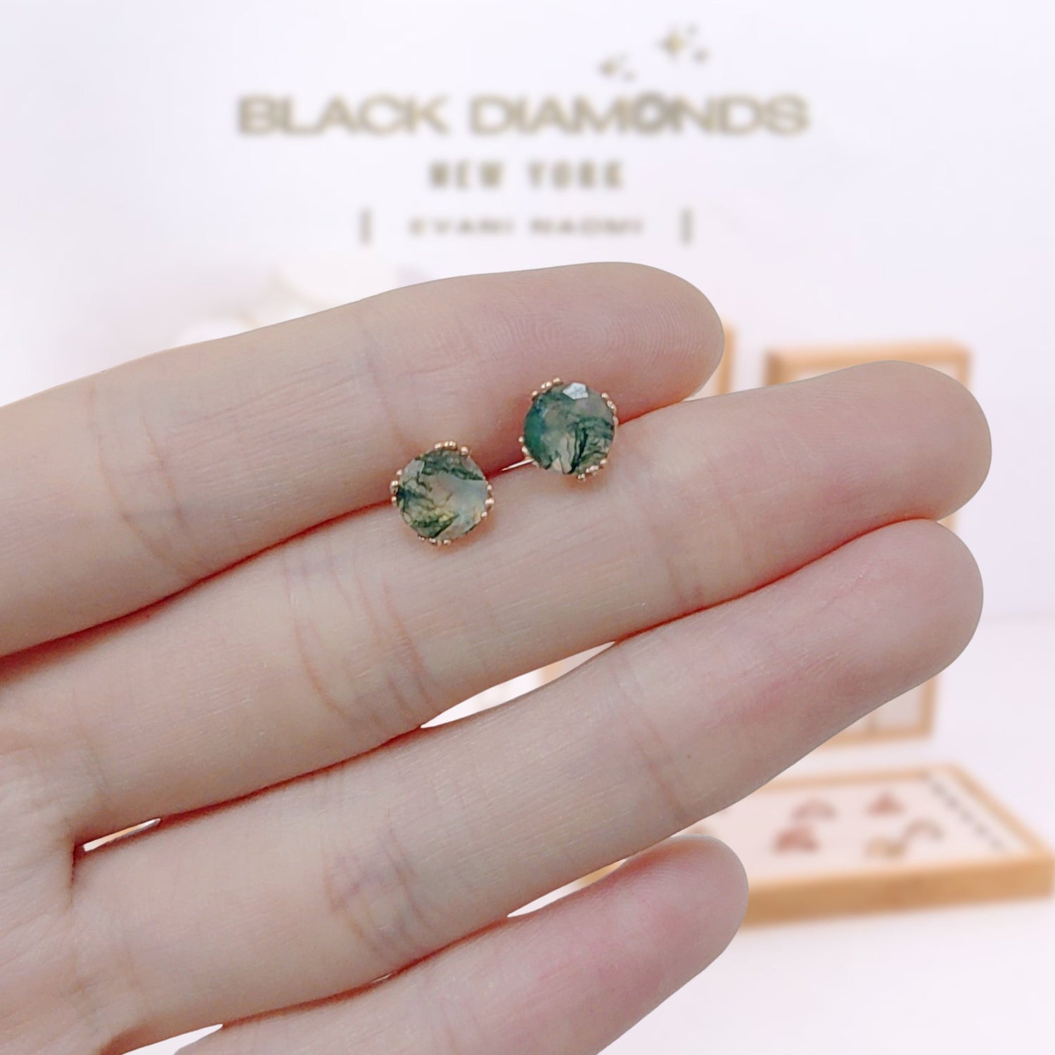 1.0Ct 6mm Round Cut Moss Agate Claw Prongs Studs Earrings-Black Diamonds New York