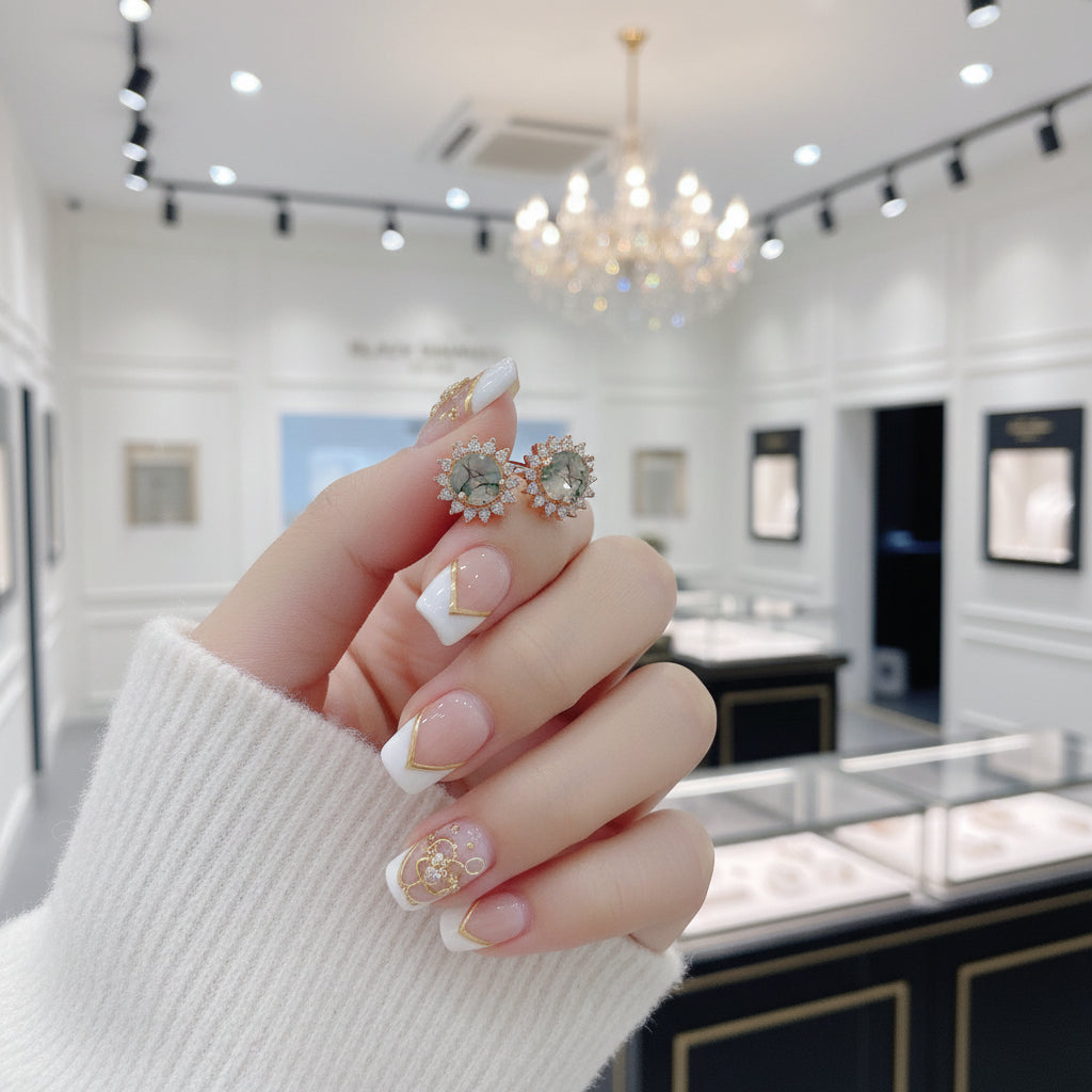 1.0 Ct 6mm Round Cut Moss Agate Snowflake Halo Studs Earring-Black Diamonds New York