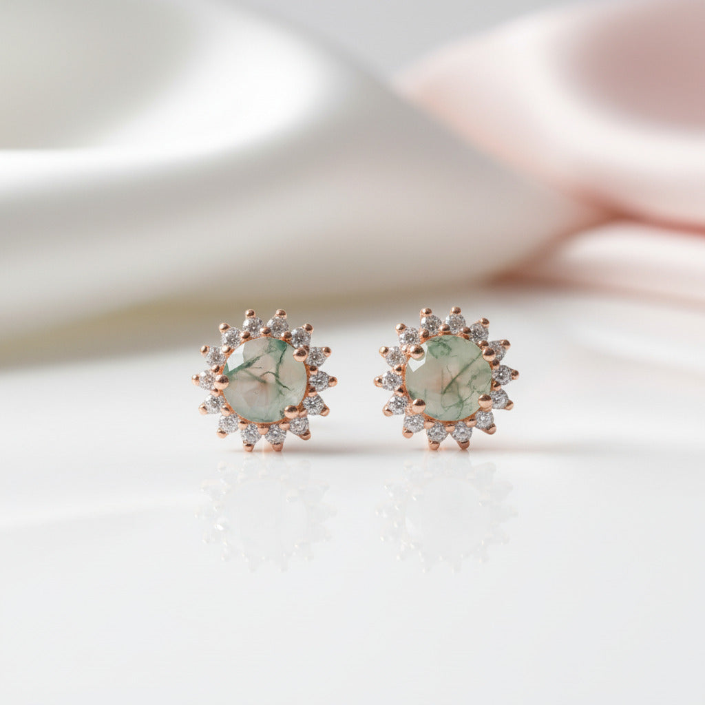 1.0 Ct 6mm Round Cut Moss Agate Snowflake Halo Studs Earring-Black Diamonds New York