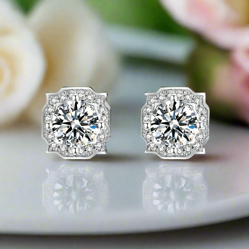 1.0ct Round Cut Diamond Halo Stud Earrings-Black Diamonds New York