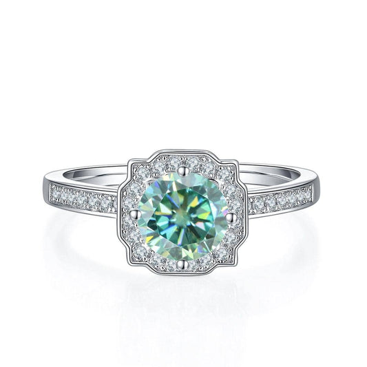 1.0Ct Round Halo Green Moissanite Engagement Ring-Black Diamonds New York