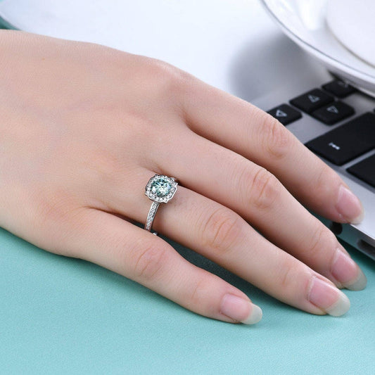1.0Ct Round Halo Green Moissanite Engagement Ring - Black Diamonds New York