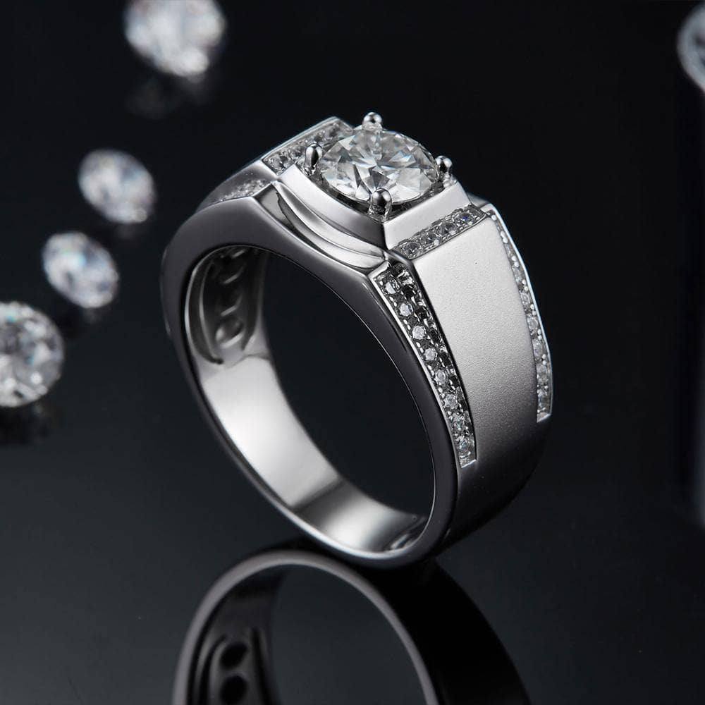 1.0ct Round Moissanite Center Channel Sides Men's Diamond Ring-Black Diamonds New York