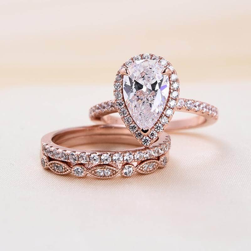 10k Rose Gold Halo Pear Cut Moissanite 3pcs Wedding Ring Set - Black Diamonds New York