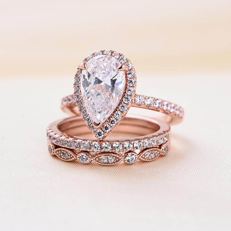 10k Rose Gold Halo Pear Cut Moissanite 3pcs Wedding Ring Set - Black Diamonds New York