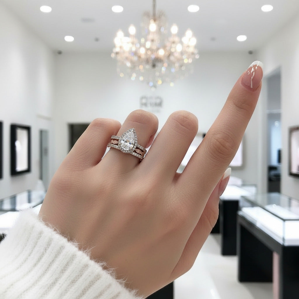 10k Rose Gold Halo Pear Cut Diamond 3pcs Wedding Ring Set-Black Diamonds New York