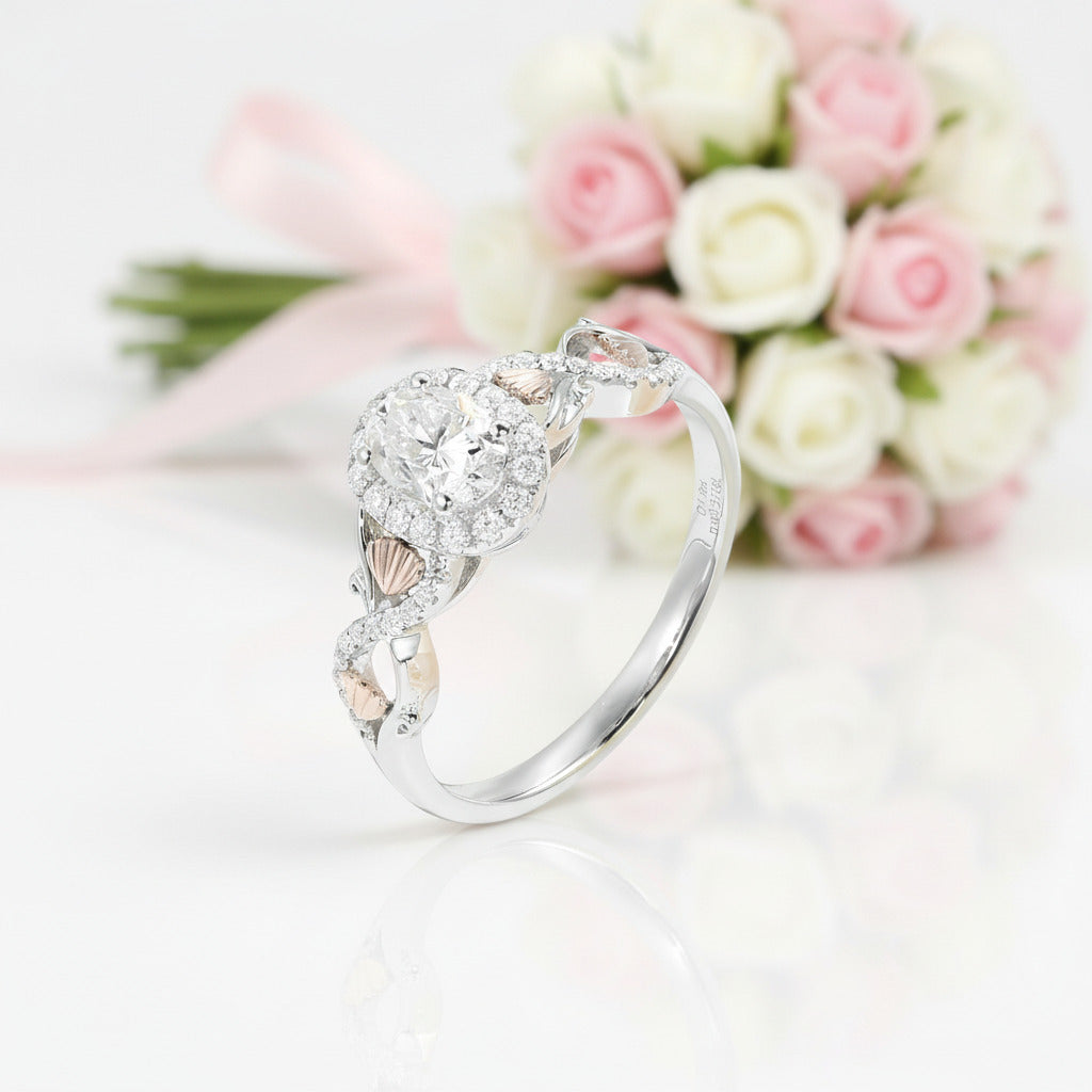 10k White Gold 5*7mm Oval Cut Halo Diamond Option Engagement Ring-Black Diamonds New York