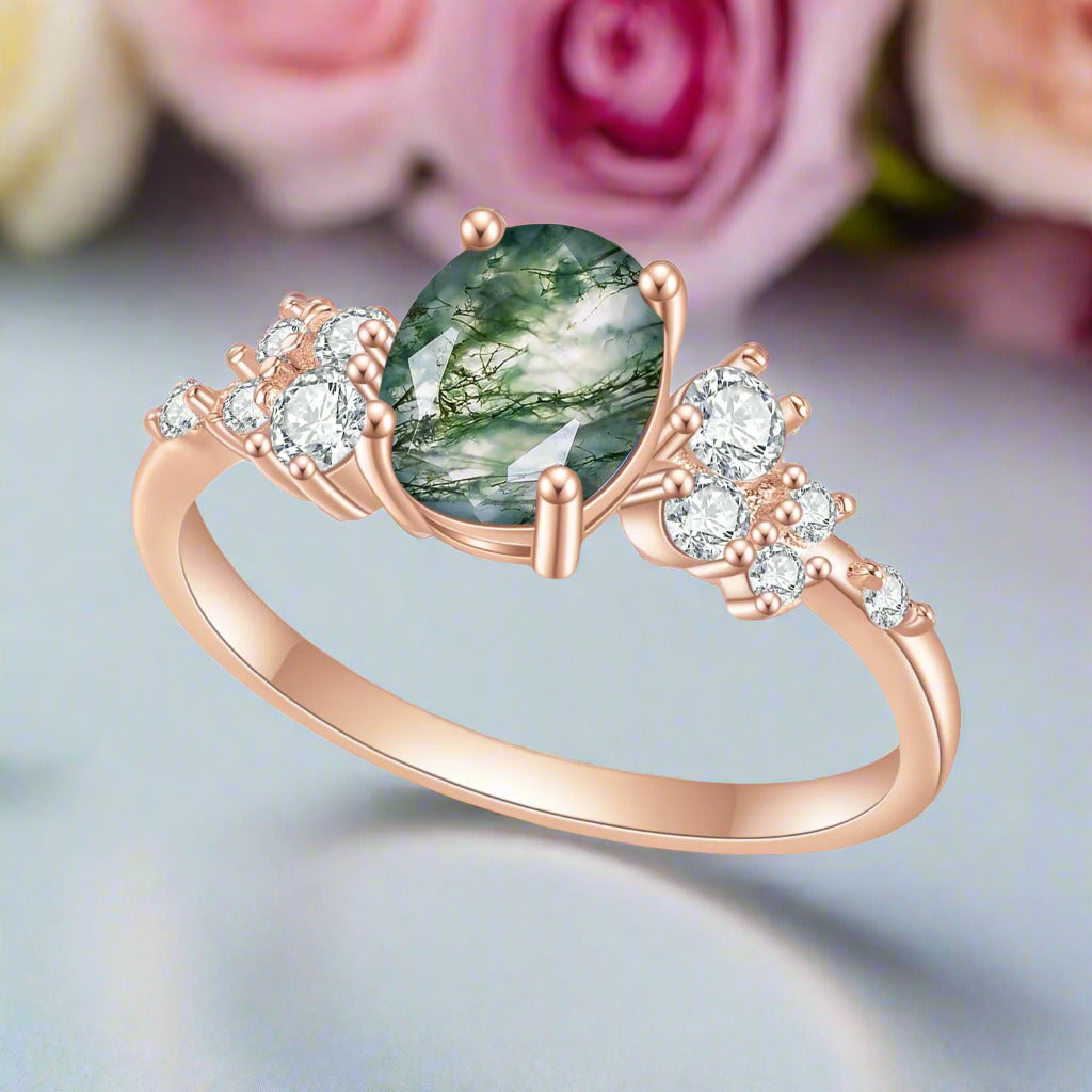 1.18 ctw Oval Cut Moss Agate Antique Bridal Engagement Ring-Black Diamonds New York