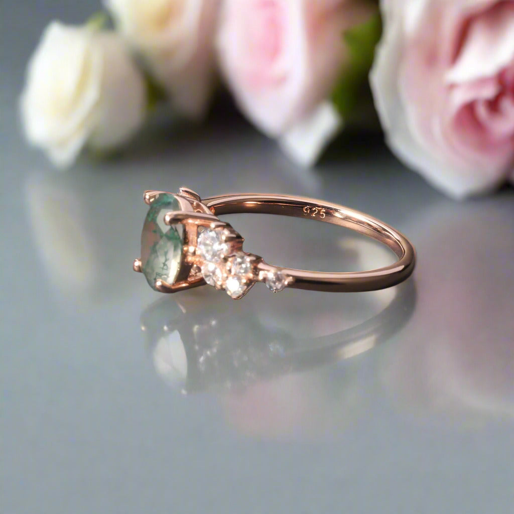 1.18 ctw Oval Cut Moss Agate Antique Bridal Engagement Ring-Black Diamonds New York