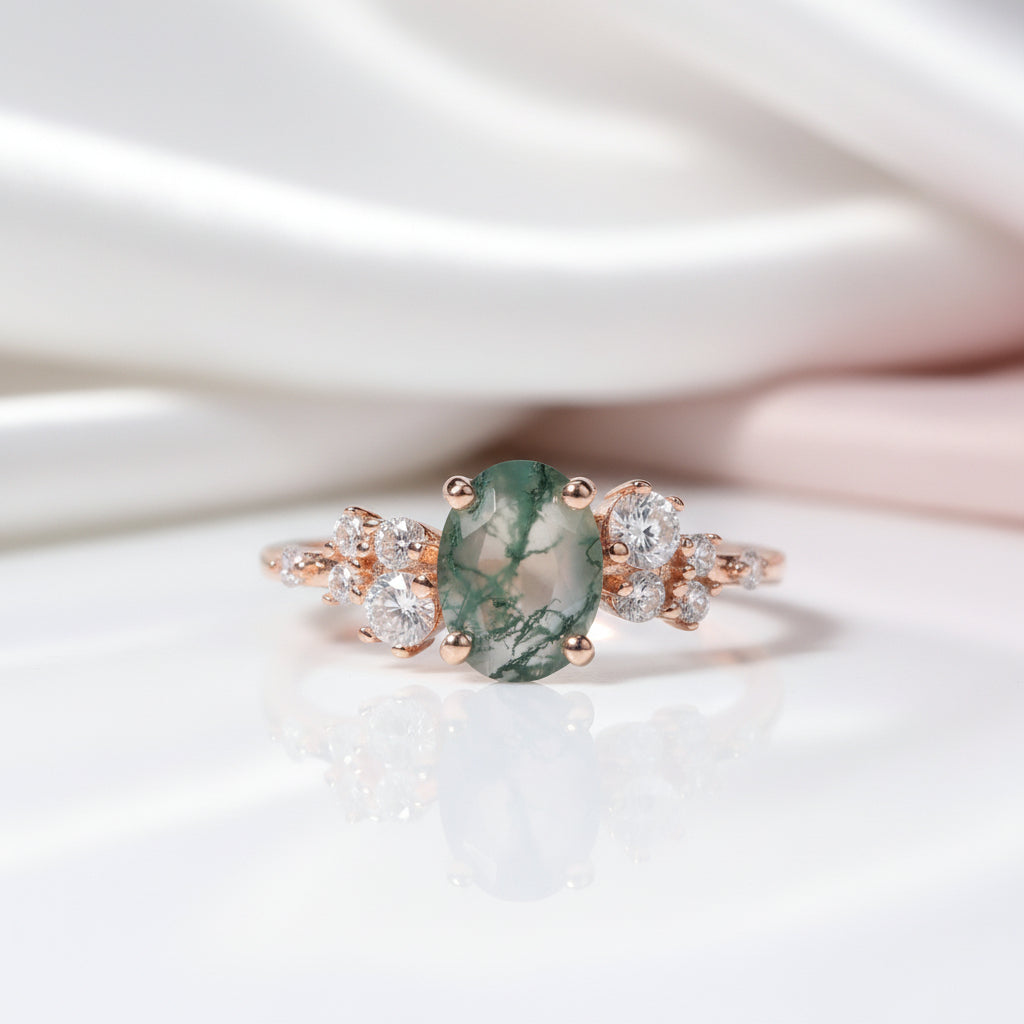 1.18 ctw Oval Cut Moss Agate Antique Bridal Engagement Ring-Black Diamonds New York