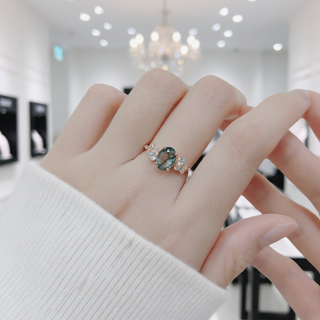 1.18 ctw Oval Cut Moss Agate Antique Bridal Engagement Ring-Black Diamonds New York