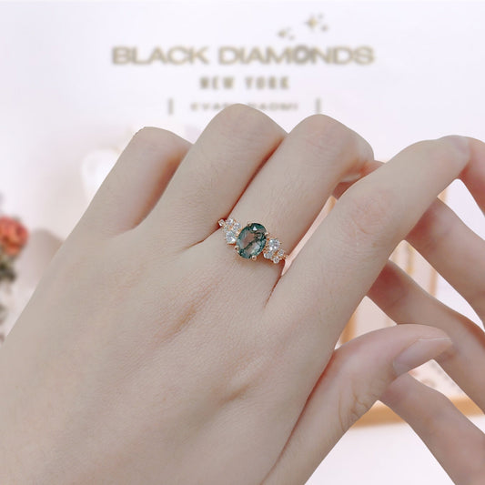 1.18 ctw Oval Cut Moss Agate Antique Bridal Engagement Ring - Black Diamonds New York