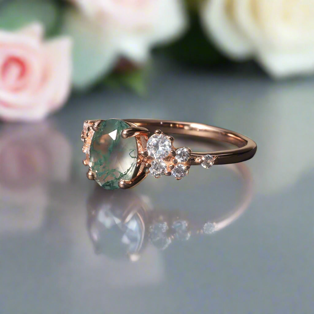 1.18 ctw Oval Cut Moss Agate Antique Bridal Engagement Ring-Black Diamonds New York