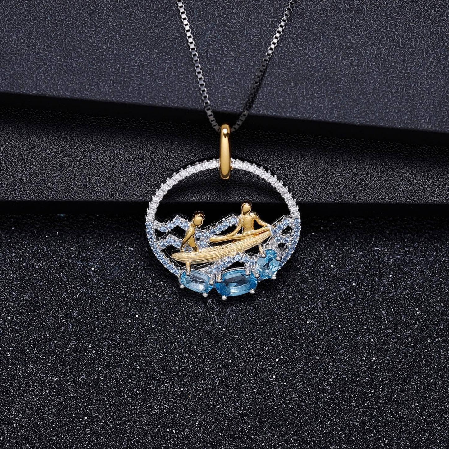 1.18Ct Natural Diffusion Sapphire Handmade Wave Rowing Pendant Necklace-Black Diamonds New York