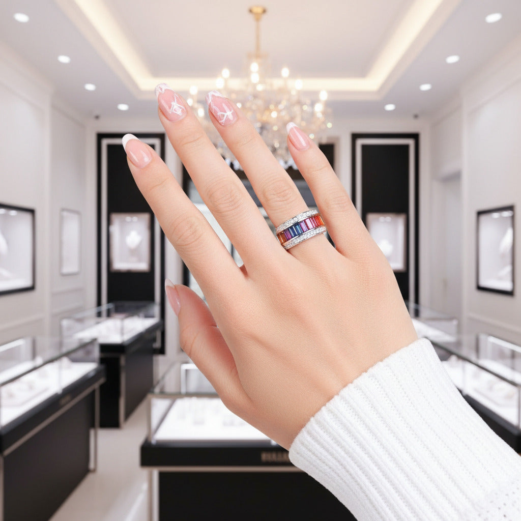 11mm Rainbow Crystal Pave Setting Promise Ring-Black Diamonds New York