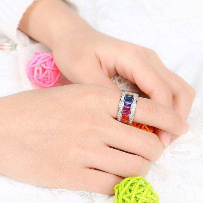 11mm Rainbow Crystal Pave Setting Promise Ring-Black Diamonds New York