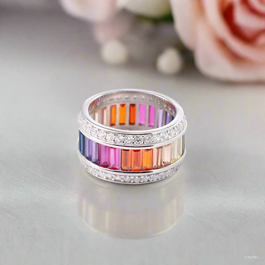 11mm Rainbow Crystal Pave Setting Promise Ring-Black Diamonds New York