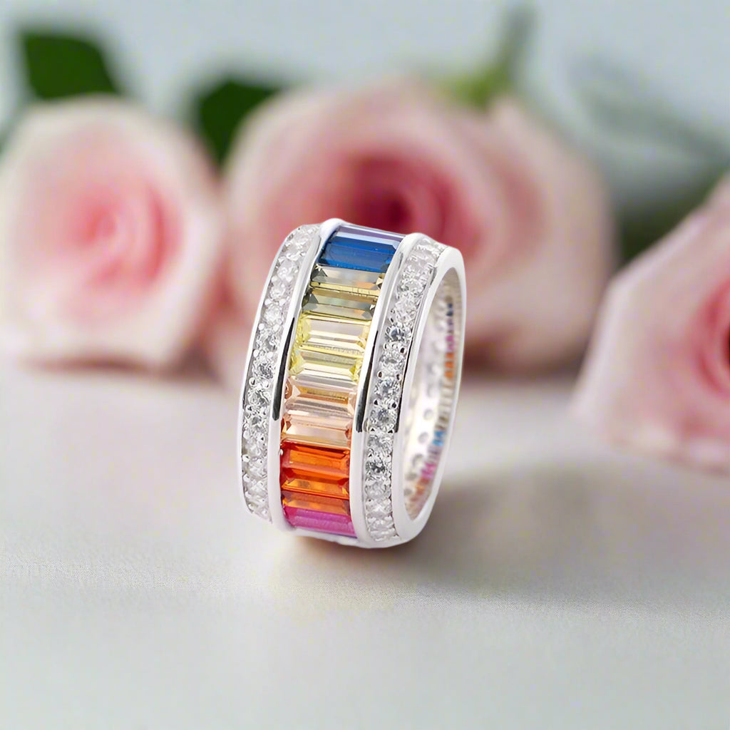11mm Rainbow Crystal Pave Setting Promise Ring-Black Diamonds New York