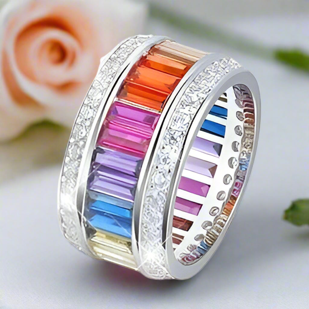 11mm Rainbow Crystal Pave Setting Promise Ring-Black Diamonds New York